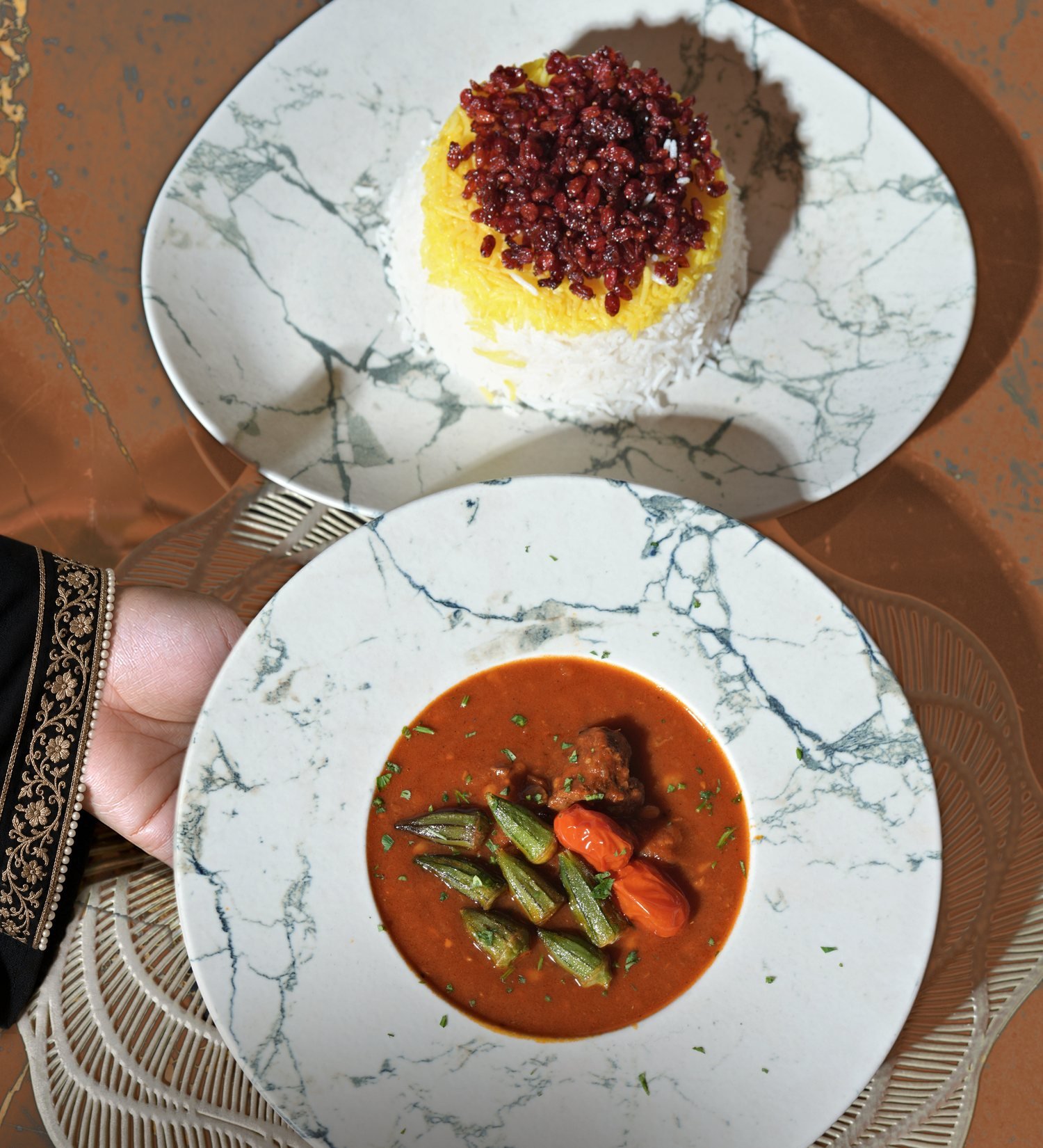Okra with Lamb in a marble-veined bowl